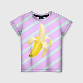 Детская футболка 3D с принтом Банан графический фон , 100% гипоаллергенный полиэфир | прямой крой, круглый вырез горловины, длина до линии бедер, чуть спущенное плечо, ткань немного тянется | Тематика изображения на принте: банан | геометрический принт | графический принт | лавандовый | летний | лето | мятный | полоска | принт