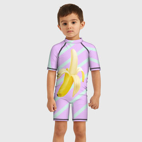 Детский купальный костюм 3D с принтом Банан графический фон , Полиэстер 85%, Спандекс 15% | застежка на молнии на спине | Тематика изображения на принте: банан | геометрический принт | графический принт | лавандовый | летний | лето | мятный | полоска | принт