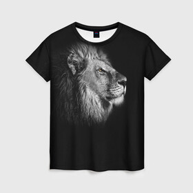 Женская футболка 3D с принтом Царь Зверей , 100% полиэфир ( синтетическое хлопкоподобное полотно) | прямой крой, круглый вырез горловины, длина до линии бедер | animal | lion | лев | профиль | черно белый