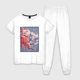 Женская пижама хлопок с принтом Цветение Сакуры на фоне Фудзи , 100% хлопок | брюки и футболка прямого кроя, без карманов, на брюках мягкая резинка на поясе и по низу штанин | cherry blossom | fuji | japan | japanese | landscape | painting | plum | sakura | вишня в цвету | гора фудзи | горный пейзаж | живопись | искусство | картина | краска | краски | настоящая картина | пейзаж | рисунок | сакура | слива