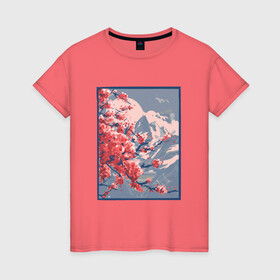 Женская футболка хлопок с принтом Цветение Сакуры на фоне Фудзи , 100% хлопок | прямой крой, круглый вырез горловины, длина до линии бедер, слегка спущенное плечо | cherry blossom | fuji | japan | japanese | landscape | painting | plum | sakura | вишня в цвету | гора фудзи | горный пейзаж | живопись | искусство | картина | краска | краски | настоящая картина | пейзаж | рисунок | сакура | слива
