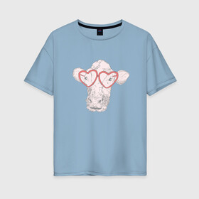 Женская футболка хлопок Oversize с принтом Корова в очках сердечках , 100% хлопок | свободный крой, круглый ворот, спущенный рукав, длина до линии бедер
 | art | cow | fashion | funny | hearts | hearе | love | moo | арт | иллюстрация | корова в очках сердечками | корова в смешных очках | любовь | мода | модная корова | му му | муму | прикол | смешная корова | смешные очки