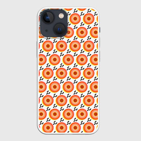 Чехол для iPhone 13 mini с принтом Поп арт, мишень, диски дождь ,  |  | disco | pop art | абстракция | геометрия | диск | диско | кнопки | мишень | оранжевые круги | охота | поп арт | тир | точки мемфиса