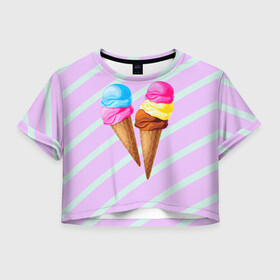 Женская футболка Crop-top 3D с принтом Мороженое графический фон , 100% полиэстер | круглая горловина, длина футболки до линии талии, рукава с отворотами | геометрический принт | графический принт | лавандовый | летний | лето | мороженое | мятный | полоска | принт