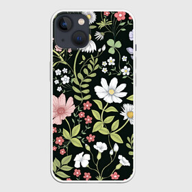 Чехол для iPhone 13 с принтом Полевые цветы ,  |  | арт | ночь | поле | полевые цветы | рисунок | ромашка | ромашки | тёмный фон | цветок | цветы | чёрное | яркие цветы | яркий цветок
