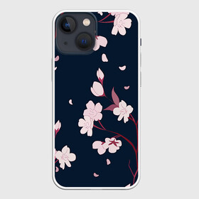 Чехол для iPhone 13 mini с принтом Веточки сакуры ,  |  | арт | ветка | ветки | веточка | веточки | ночь | рисунок | розовые бутоны | розовые цветы | сакура | тёмный фон | цветение | цветение вишни | цветок | цветы | цветы вишни | чёрное | яркие цветы