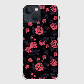 Чехол для iPhone 13 mini с принтом Ночные розы ,  |  | арт | красная роза | красные розы | ночь | рисунок | роза | розовая роза | розовые розы | розы | тёмный фон | цветок | цветы | чёрное | яркие цветы | яркий цветок