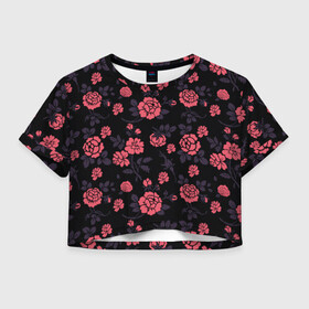 Женская футболка Crop-top 3D с принтом Ночные розы , 100% полиэстер | круглая горловина, длина футболки до линии талии, рукава с отворотами | арт | красная роза | красные розы | ночь | рисунок | роза | розовая роза | розовые розы | розы | тёмный фон | цветок | цветы | чёрное | яркие цветы | яркий цветок