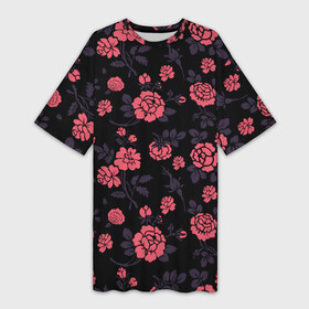 Платье-футболка 3D с принтом Ночные розы ,  |  | арт | красная роза | красные розы | ночь | рисунок | роза | розовая роза | розовые розы | розы | тёмный фон | цветок | цветы | чёрное | яркие цветы | яркий цветок