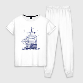 Женская пижама хлопок с принтом Корабль , 100% хлопок | брюки и футболка прямого кроя, без карманов, на брюках мягкая резинка на поясе и по низу штанин | ships | whale | кит | киты | корабли | кораблики | корабль | море | морские | морское | паруса | чайки