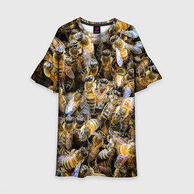Детское платье 3D с принтом Пчёлы , 100% полиэстер | прямой силуэт, чуть расширенный к низу. Круглая горловина, на рукавах — воланы | Тематика изображения на принте: живность | животное | животные | насекомое | насекомые | пчела | пчёлка | пчёлки | пчёлы