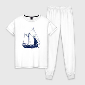 Женская пижама хлопок с принтом Корабль , 100% хлопок | брюки и футболка прямого кроя, без карманов, на брюках мягкая резинка на поясе и по низу штанин | ships | whale | кит | киты | корабли | кораблики | корабль | море | морские | морское | паруса