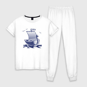 Женская пижама хлопок с принтом Парусная лодка , 100% хлопок | брюки и футболка прямого кроя, без карманов, на брюках мягкая резинка на поясе и по низу штанин | sailboat | викинги | кораблик | корабль | лодка | парус | парусная лодка | тату | татуировка