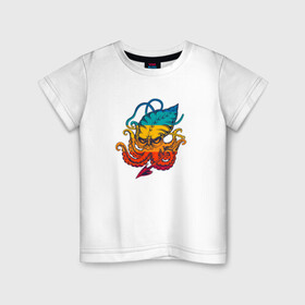 Детская футболка хлопок с принтом Ктулху цветной , 100% хлопок | круглый вырез горловины, полуприлегающий силуэт, длина до линии бедер | Тематика изображения на принте: king | kraken | octopus | корона | кракен | ктулху | море | морские | морское | осьминог | щупальца
