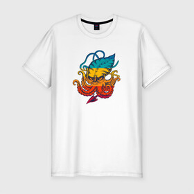Мужская футболка хлопок Slim с принтом Ктулху цветной , 92% хлопок, 8% лайкра | приталенный силуэт, круглый вырез ворота, длина до линии бедра, короткий рукав | king | kraken | octopus | корона | кракен | ктулху | море | морские | морское | осьминог | щупальца