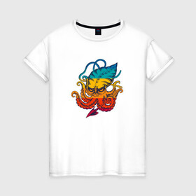 Женская футболка хлопок с принтом Ктулху цветной , 100% хлопок | прямой крой, круглый вырез горловины, длина до линии бедер, слегка спущенное плечо | king | kraken | octopus | корона | кракен | ктулху | море | морские | морское | осьминог | щупальца