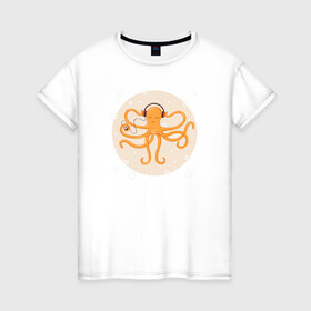 Женская футболка хлопок с принтом Осьминог в наушниках , 100% хлопок | прямой крой, круглый вырез горловины, длина до линии бедер, слегка спущенное плечо | king | kraken | octopus | корона | кракен | море | морские | морское | наушниках | осьминог | щупальца