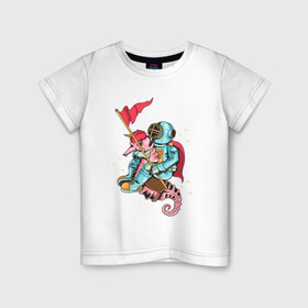 Детская футболка хлопок с принтом Космонавт на морском коньке , 100% хлопок | круглый вырез горловины, полуприлегающий силуэт, длина до линии бедер | астронавт | живность | космонавт | море | морские | морской конек | флаг