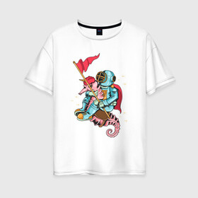 Женская футболка хлопок Oversize с принтом Космонавт на морском коньке , 100% хлопок | свободный крой, круглый ворот, спущенный рукав, длина до линии бедер
 | астронавт | живность | космонавт | море | морские | морской конек | флаг