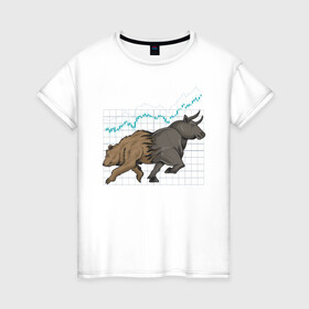 Женская футболка хлопок с принтом Бык или Медведь , 100% хлопок | прямой крой, круглый вырез горловины, длина до линии бедер, слегка спущенное плечо | bulls | акции | банк | бык | инвестиции | медведь | тинькофф