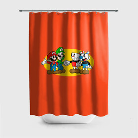 Штора 3D для ванной с принтом CupHead x Mario , 100% полиэстер | плотность материала — 100 г/м2. Стандартный размер — 146 см х 180 см. По верхнему краю — пластиковые люверсы для креплений. В комплекте 10 пластиковых колец | arkade | cup head | cuphead | game | games | mario | аркада | игра | игры | кап хэд | капхед | купа хэд | марио | сгз руфв | сгзруфв | чашкоголовый