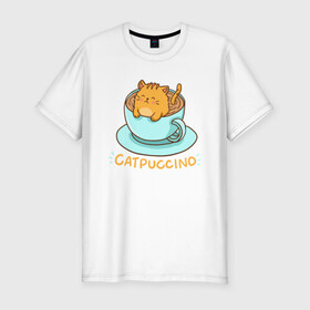 Мужская футболка хлопок Slim с принтом Catpuccino , 92% хлопок, 8% лайкра | приталенный силуэт, круглый вырез ворота, длина до линии бедра, короткий рукав | animal | cat | cute | kitty | meow | друг | животные | киска | китти | кот | котенок | котик | котэ | кошечка | кошка | милый | мур | мяу | питомец