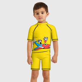 Детский купальный костюм 3D с принтом Летящие кружки , Полиэстер 85%, Спандекс 15% | застежка на молнии на спине | arkade | cup head | cuphead | game | games | аркада | игра | игры | кап хэд | капхед | купа хэд | сгз руфв | сгзруфв | чашкоголовый