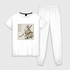 Женская пижама хлопок с принтом Кролик Самурай Rabbit Samurai , 100% хлопок | брюки и футболка прямого кроя, без карманов, на брюках мягкая резинка на поясе и по низу штанин | art | cyberpunk samurai | ninja | oni | rdsmry | ronin | samurai | shogun | ukiyo e | арт | живопись | животные | заяц | киберпанк самурай | мерч | прикол | путь воина | путь самурая | ронин | сёгун | токио | укиё э | фреска | харакири