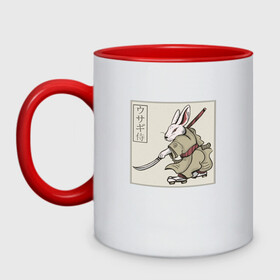 Кружка двухцветная с принтом Кролик Самурай Rabbit Samurai , керамика | объем — 330 мл, диаметр — 80 мм. Цветная ручка и кайма сверху, в некоторых цветах — вся внутренняя часть | art | cyberpunk samurai | ninja | oni | rdsmry | ronin | samurai | shogun | ukiyo e | арт | живопись | животные | заяц | киберпанк самурай | мерч | прикол | путь воина | путь самурая | ронин | сёгун | токио | укиё э | фреска | харакири