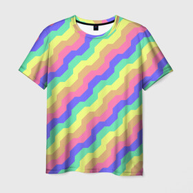 Мужская футболка 3D с принтом Радужные волны , 100% полиэфир | прямой крой, круглый вырез горловины, длина до линии бедер | волна | волны | зигзаг | красочный | круто | лето | линии | линия | полоса | полосы | радуга | узор