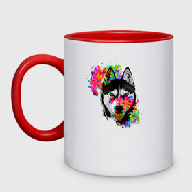 Кружка двухцветная с принтом собака с торчащими ушами , керамика | объем — 330 мл, диаметр — 80 мм. Цветная ручка и кайма сверху, в некоторых цветах — вся внутренняя часть | белый | добрый | красивый | краски | собака | хаски | цвет | цветной | черный