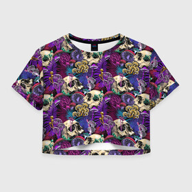 Женская футболка Crop-top 3D с принтом Психоделика - черепа и грибы , 100% полиэстер | круглая горловина, длина футболки до линии талии, рукава с отворотами | абстракция | грибы | паттерн | психоделика | текстуры | цветы | череп | черепа