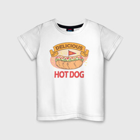 Детская футболка хлопок с принтом Delicious Hot Dog , 100% хлопок | круглый вырез горловины, полуприлегающий силуэт, длина до линии бедер | Тематика изображения на принте: burgers | delicious | hot dog | вредная еда | еда