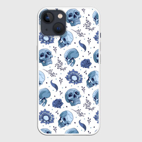 Чехол для iPhone 13 с принтом Узор Голубые черепа с цветами ,  |  | floral | flower | flowers | gothic | pattern | skull | skull merch | tattoo | букет | голубые ромашки | голубые черепа | готика | дизайн с черепами | принт с черепами | рисунок черепа | татуировка | узор | флора | цветы | череп