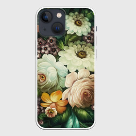 Чехол для iPhone 13 mini с принтом Цветы на зеленом фоне ,  |  | декоративная роспись | живопись | жостово | жостовская роспись | розы | цветы