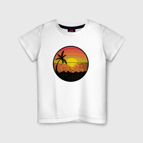 Детская футболка хлопок с принтом Закат солнце на пляже , 100% хлопок | круглый вырез горловины, полуприлегающий силуэт, длина до линии бедер | beach | club | palm | party | sea | summer | tropical | волны | жара | закат | летние | лето | море | пальмы | пляж | тропический