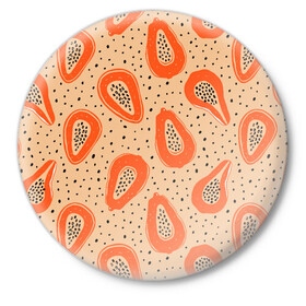 Значок с принтом Папайя ,  металл | круглая форма, металлическая застежка в виде булавки | Тематика изображения на принте: papaya | морская | папайя | паттерн | с папаем | фрукт