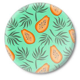 Значок с принтом Папайя ,  металл | круглая форма, металлическая застежка в виде булавки | Тематика изображения на принте: papaya | морская | папайя | паттерн | с папаем | фрукт | цитрусы
