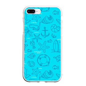 Чехол для iPhone 7Plus/8 Plus матовый с принтом Морская тема , Силикон | Область печати: задняя сторона чехла, без боковых панелей | креветки | круг | морская живность | морское | пальмы | раки | ракушки | рыбы | спасательный | черепашки | штурвал