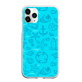 Чехол для iPhone 11 Pro матовый с принтом Морская тема , Силикон |  | креветки | круг | морская живность | морское | пальмы | раки | ракушки | рыбы | спасательный | черепашки | штурвал