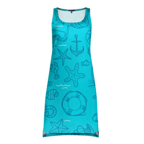 Платье-майка 3D с принтом Морская тема , 100% полиэстер | полуприлегающий силуэт, широкие бретели, круглый вырез горловины, удлиненный подол сзади. | креветки | круг | морская живность | морское | пальмы | раки | ракушки | рыбы | спасательный | черепашки | штурвал