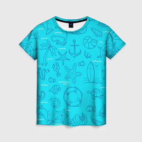 Женская футболка 3D с принтом Морская тема , 100% полиэфир ( синтетическое хлопкоподобное полотно) | прямой крой, круглый вырез горловины, длина до линии бедер | креветки | круг | морская живность | морское | пальмы | раки | ракушки | рыбы | спасательный | черепашки | штурвал