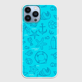 Чехол для iPhone 13 Pro Max с принтом Морская тема ,  |  | креветки | круг | морская живность | морское | пальмы | раки | ракушки | рыбы | спасательный | черепашки | штурвал