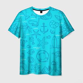 Мужская футболка 3D с принтом Морская тема , 100% полиэфир | прямой крой, круглый вырез горловины, длина до линии бедер | Тематика изображения на принте: креветки | круг | морская живность | морское | пальмы | раки | ракушки | рыбы | спасательный | черепашки | штурвал