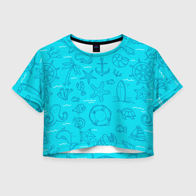 Женская футболка Crop-top 3D с принтом Морская тема , 100% полиэстер | круглая горловина, длина футболки до линии талии, рукава с отворотами | креветки | круг | морская живность | морское | пальмы | раки | ракушки | рыбы | спасательный | черепашки | штурвал
