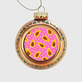 Стеклянный ёлочный шар с принтом Папайя на розовом , Стекло | Диаметр: 80 мм | Тематика изображения на принте: papaya | морская | папайя | паттерн | с папаем | фрукт