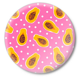 Значок с принтом Папайя на розовом ,  металл | круглая форма, металлическая застежка в виде булавки | Тематика изображения на принте: papaya | морская | папайя | паттерн | с папаем | фрукт