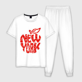 Мужская пижама хлопок с принтом NEW YORK , 100% хлопок | брюки и футболка прямого кроя, без карманов, на брюках мягкая резинка на поясе и по низу штанин
 | big apple | city | new york | red | tourist | usa | большое яблоко | город | надпись | нью йорк | сша | текст | туризм