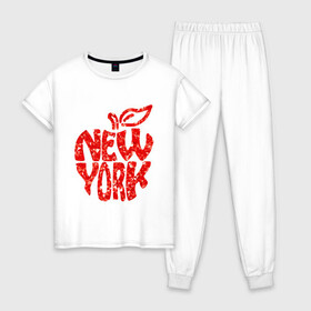 Женская пижама хлопок с принтом NEW YORK , 100% хлопок | брюки и футболка прямого кроя, без карманов, на брюках мягкая резинка на поясе и по низу штанин | big apple | city | new york | red | tourist | usa | большое яблоко | город | надпись | нью йорк | сша | текст | туризм