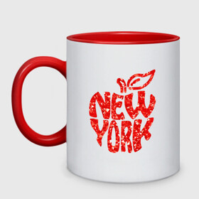 Кружка двухцветная с принтом NEW YORK , керамика | объем — 330 мл, диаметр — 80 мм. Цветная ручка и кайма сверху, в некоторых цветах — вся внутренняя часть | big apple | city | new york | red | tourist | usa | большое яблоко | город | надпись | нью йорк | сша | текст | туризм